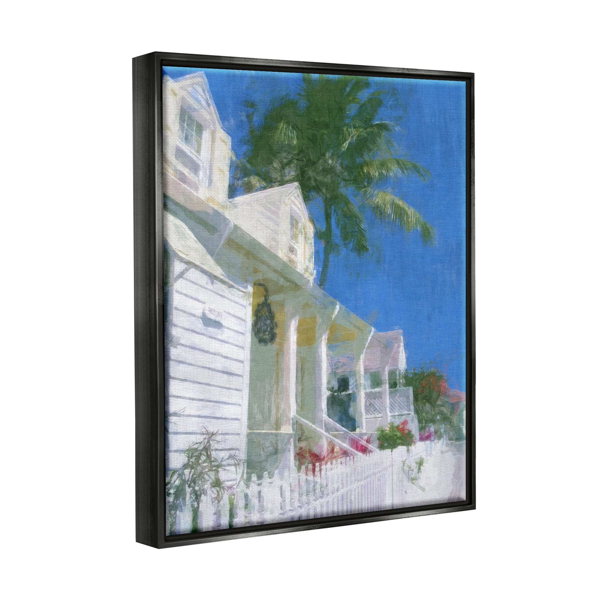 Stupell Industries Palm Tree Looming White Summer Villa Cottage Painting Jet Black Floating Framed Canvas Print Wall Art, Design by Noah Bay