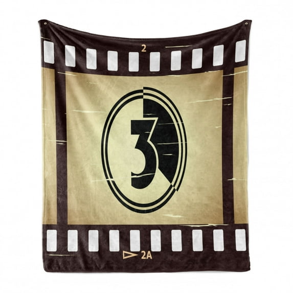 Old Hollywood Soft Flannel Fleece Throw Blanket, Countdown Illustration of Vintage Scratch Film Strip Number 3, Cozy Plush for Indoor and Outdoor Use, 50" x 70", Brown Camel and Black, by Ambesonne