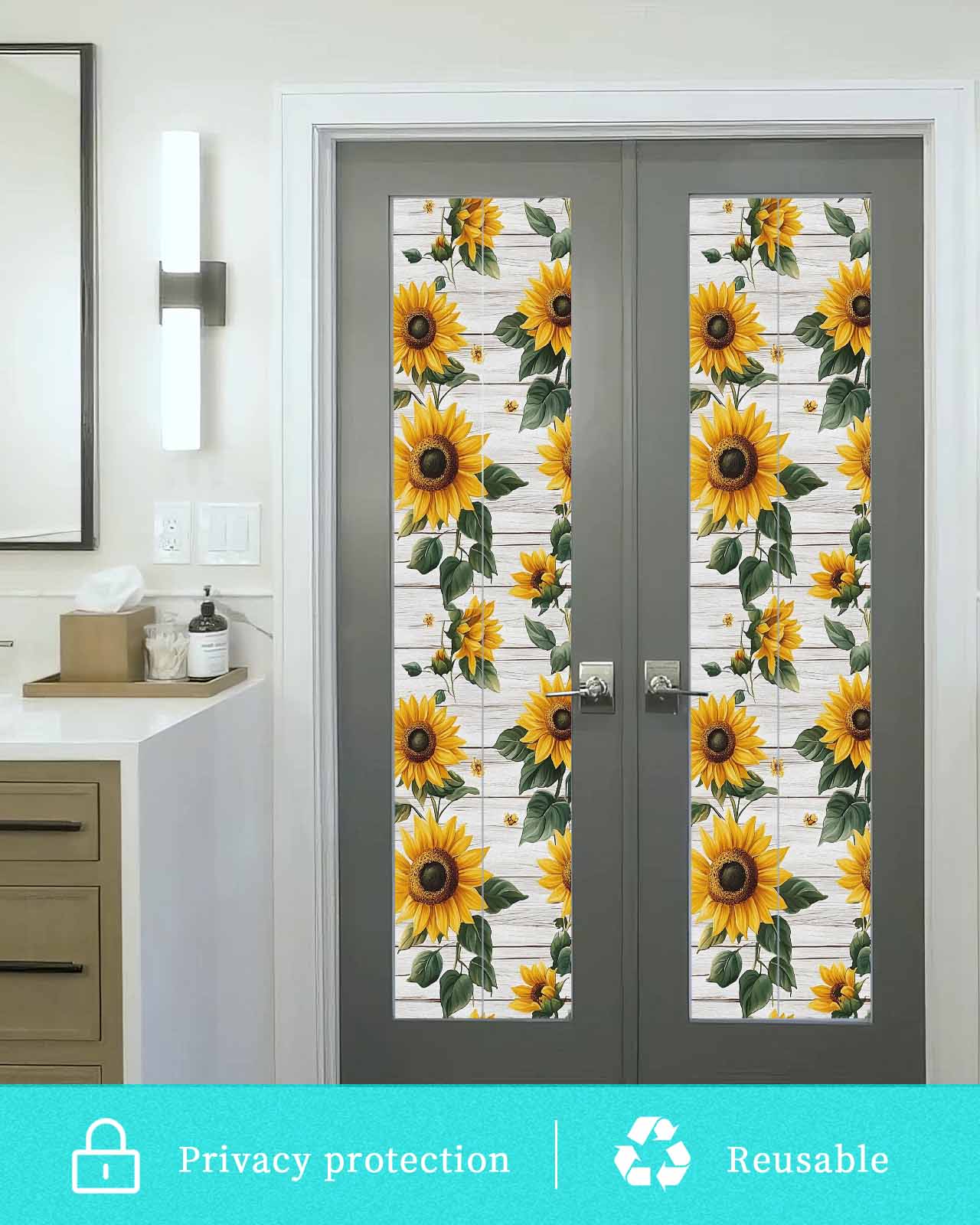 Window Privacy Film Yellow Sunflowers Stained Glass Window Film Decorative Sun Block Window Cover Country Botanical Floral Wooden Grain Window Clings Static Adhesive Sticker for Bathroom 29.5"x118"
