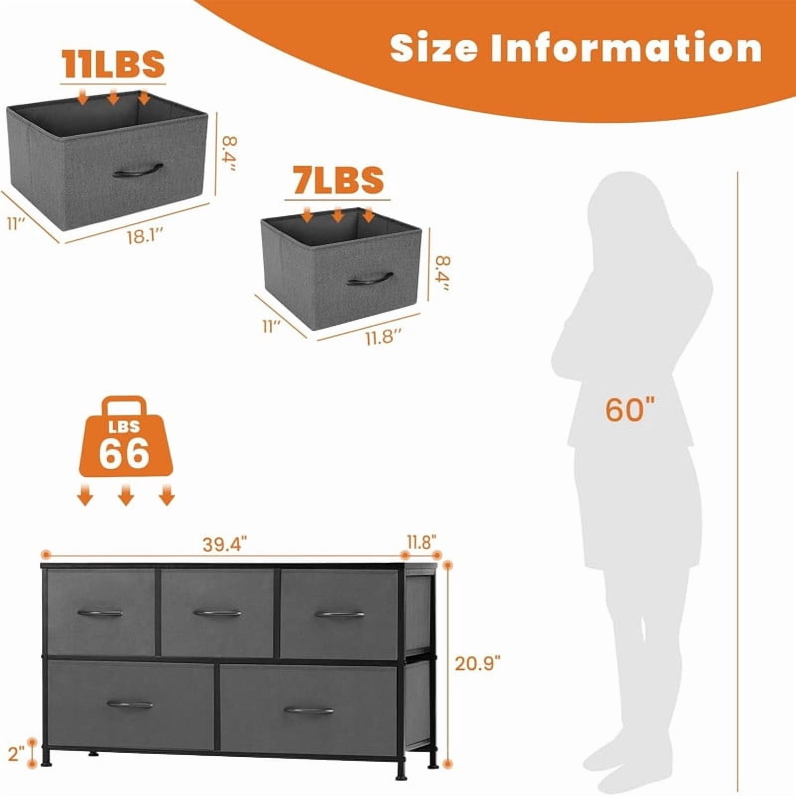 Kelno 5 Drawer Dresser Fabric Chest of Drawers Storage Organizer Wood Top Surface for TV, Grey