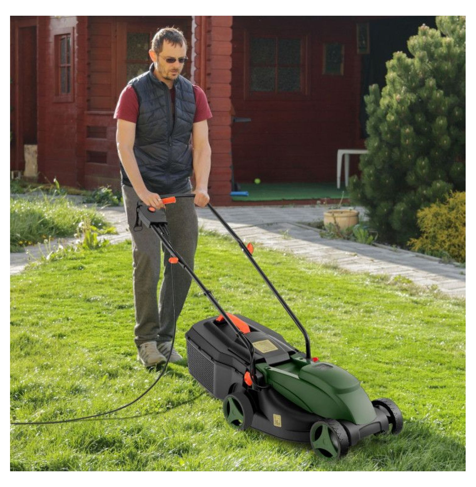 Electric Lawn Mower 13.5 Inch, 15A Corded Mower with 9 Gal Collection Box, 3-Position Height Adjustment, Foldable Handle, Lightweight Lawn Mower