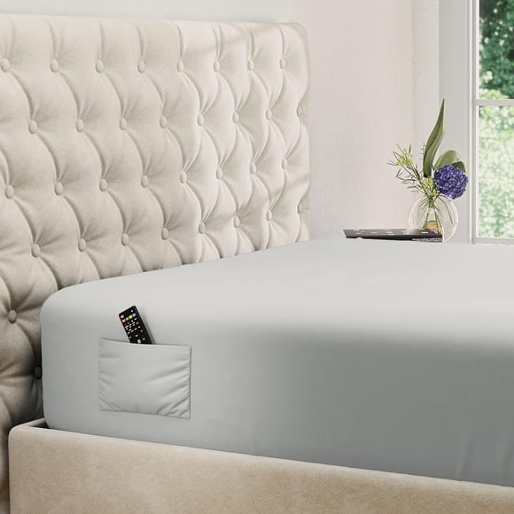 Sábana bajera ajustable DREAMCARE King con bolsillo extra profundo de 53 x 203 cm, color gris claro