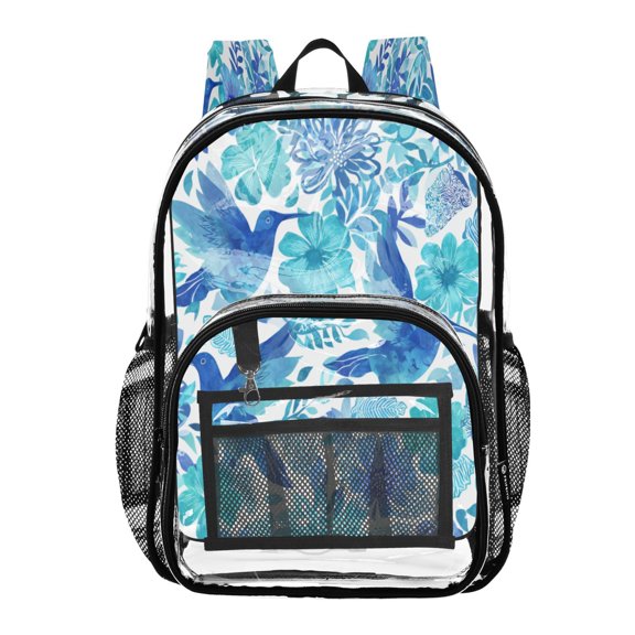 Clear PVC Backpack 12L Transparent Shoulder Bag with Mesh Pockets Blue Hummingbirds