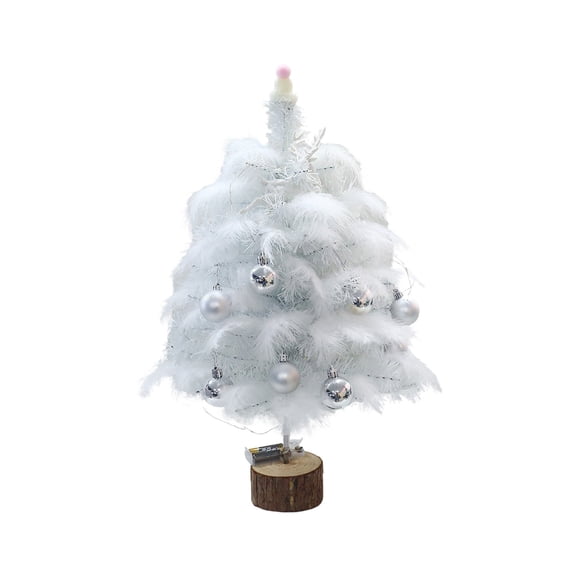 18inch Mini Christmas Tree Tabletop Artificial Xmas Tree with Feather Leaf, LED String Lights, Hanging Ornaments, Tiny Reindeer Sign for Home, Party Holiday Decoration