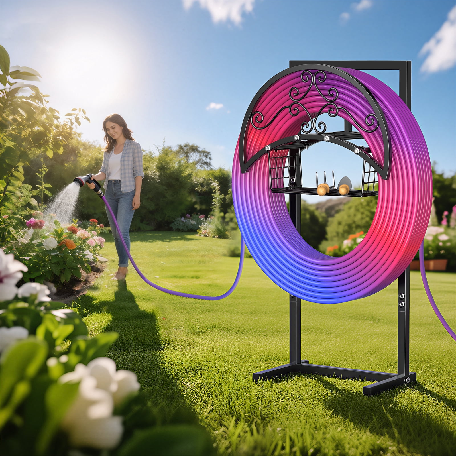 OLV Garden Hose Holder Freestanding Water Hose Heavy Duty Metal Reel Hanger,Holds 150ft Hose,Storage Basket