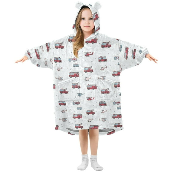 Wearable Blanket Hoodie for Kids Fire Truck Helicopter Flannel Hooded Blanket with Pockets and Sleeves Suitable for Boys and Girls