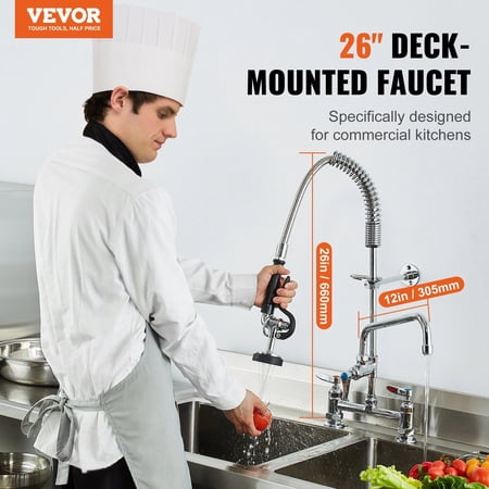 26-Inch Tall Commercial Grade Kitchen Faucet, 8" Deck Mount, 12" Swing Spout, Includes Heavy-Duty Pull-Down Pre-Rinse Sprayer, Ideal for 1, 2, or 3 Bay Sinks