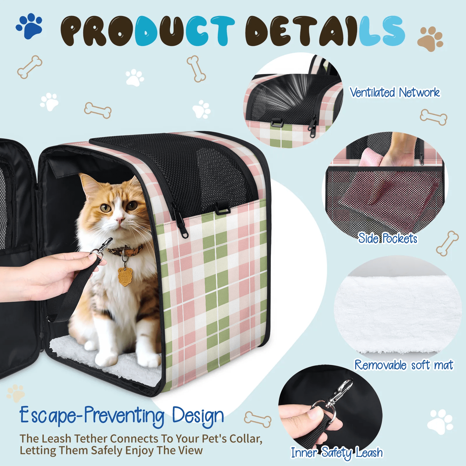 Cat Backpack Carrier, Breathable Pet Carrier Backpack for Small Animals,Pink Green Plaid, for Outdoors,Travel, Hiking