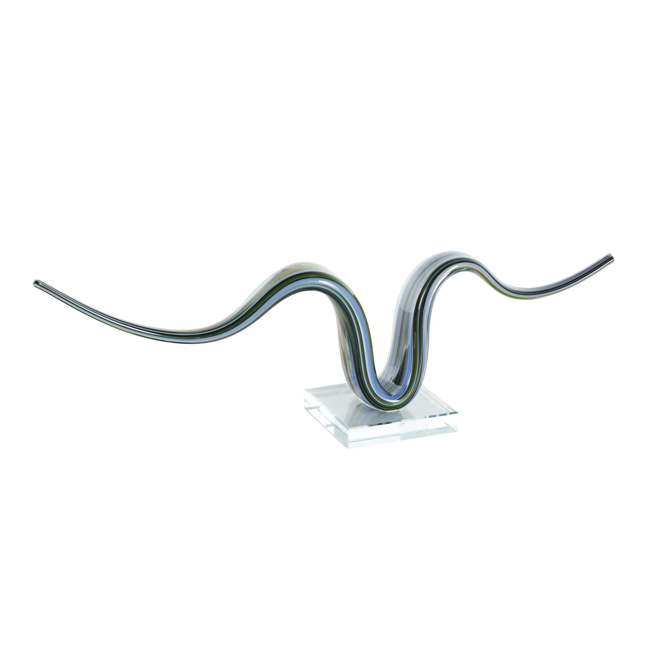 20" x 6" Multi Colored Glass Wave Abstract Sculpture with Clear Base, by DecMode