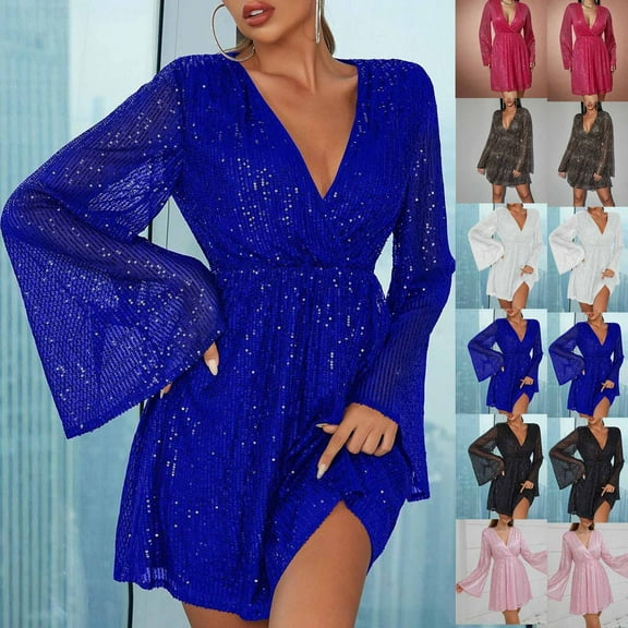 Oksale Womens Sparkly Sequin Dresses Asymmetrical Hem Mini Dress Long Flare Sleeve Dresses Sexy Deep V Neck Party Dress 2025 Black L