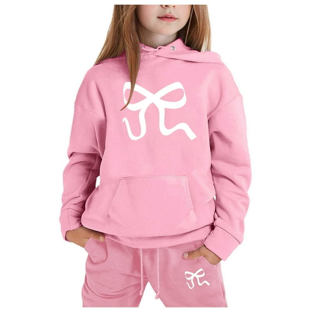 FhsagQ Outfits for Girls Children's Hoodie Set with Bow Print Girls Spring Outfits Size 14 Spring 2-3Years