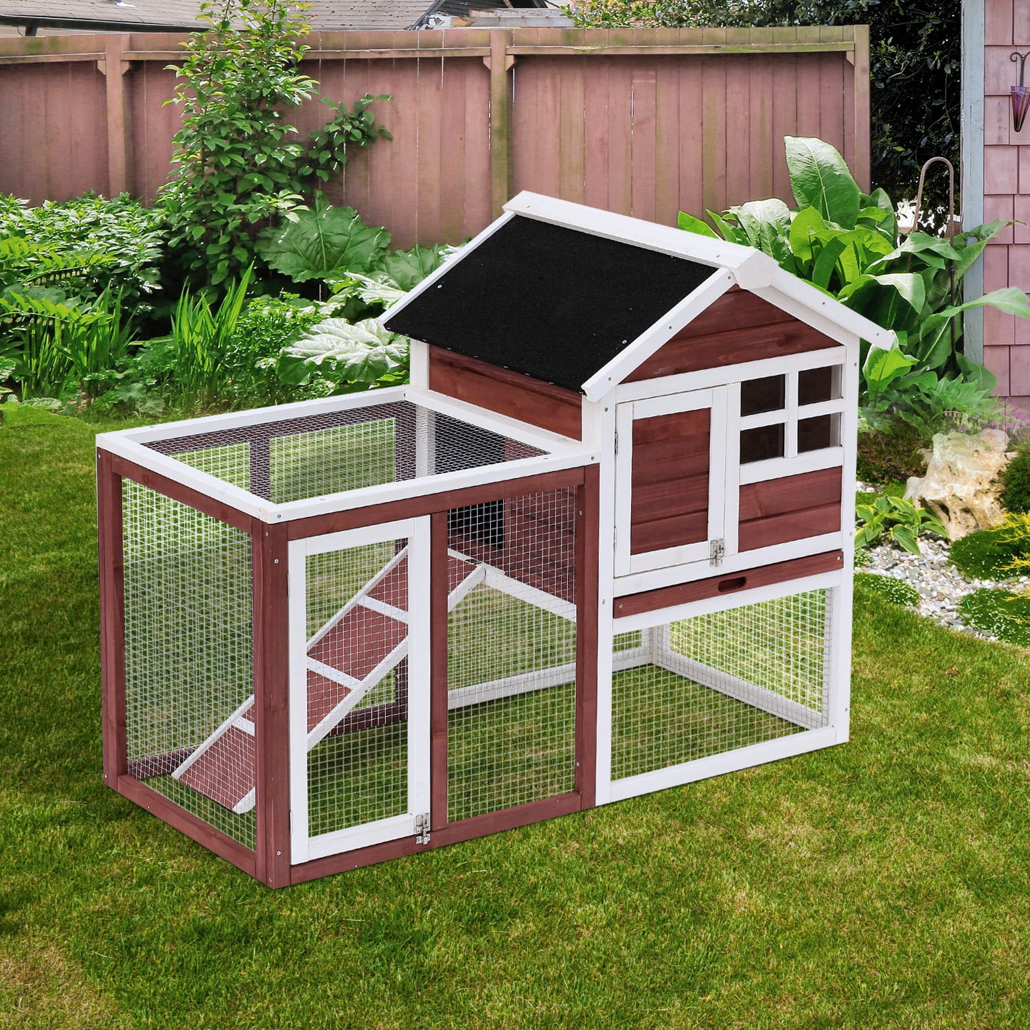 PawHut 48 Weatherproof Wooden Rabbit Hutch with Slant Roof & Outdoor Run Brown