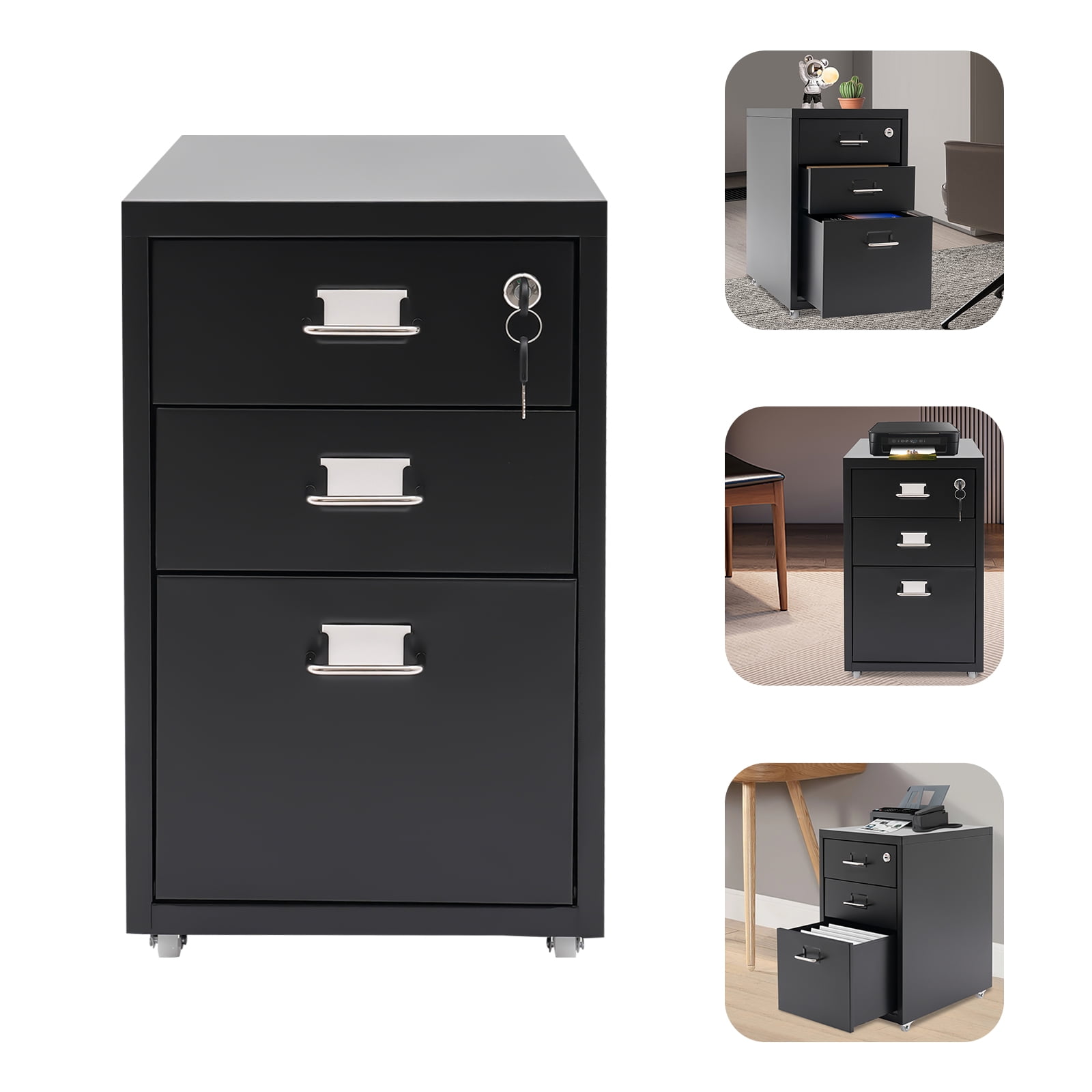 1* Vertical File Cabinet+ 2* Keys+ 4* Wheels, Black 3 Tiers Vertical File Cabinet, Metal Mobile File Cabinet with Lock, Filing Cabinet Under Desk