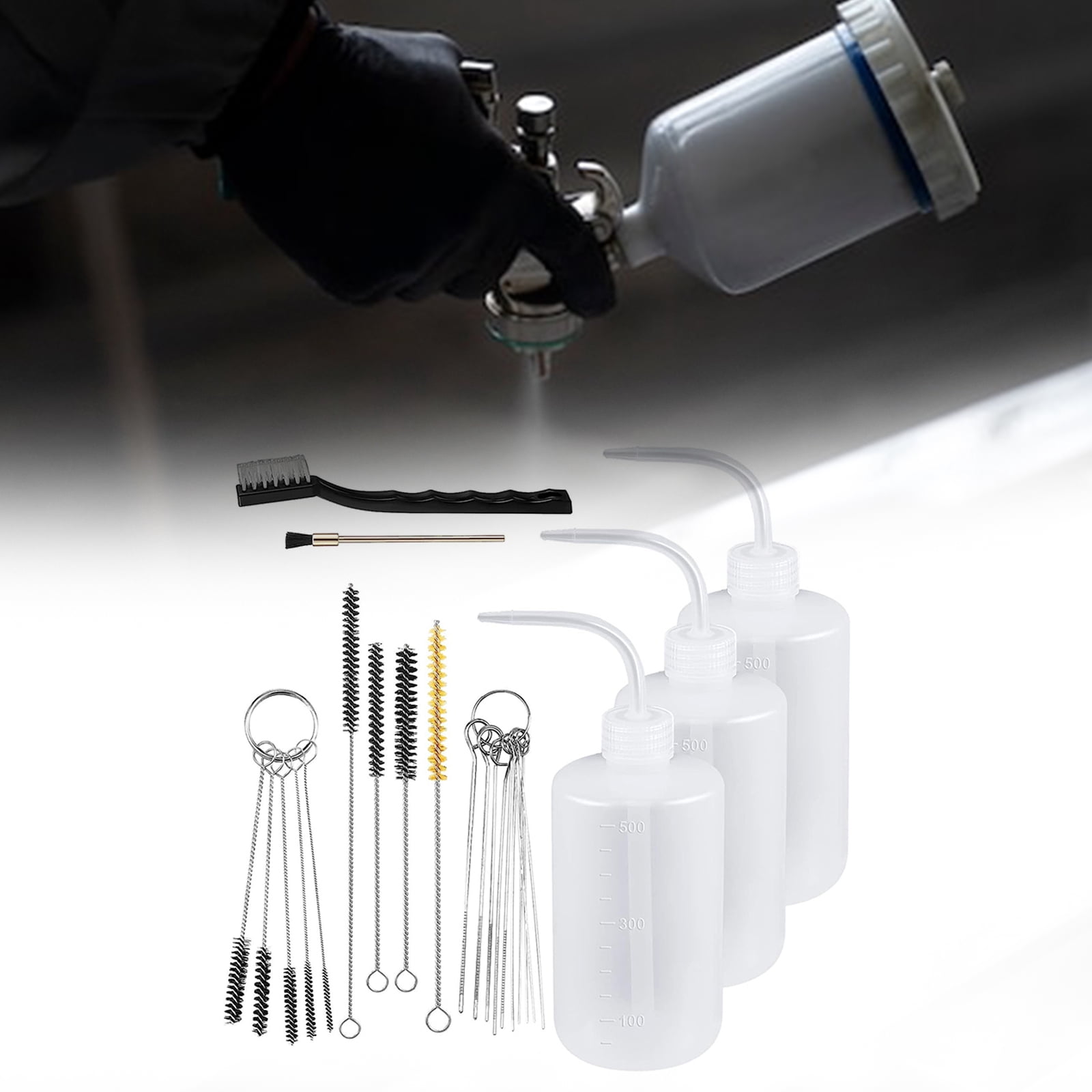 24Pieces Sprayer Paint Cleaning Set with 4 Plastic Bottles and 21 Brushes for High Performances Sprayer Maintenance