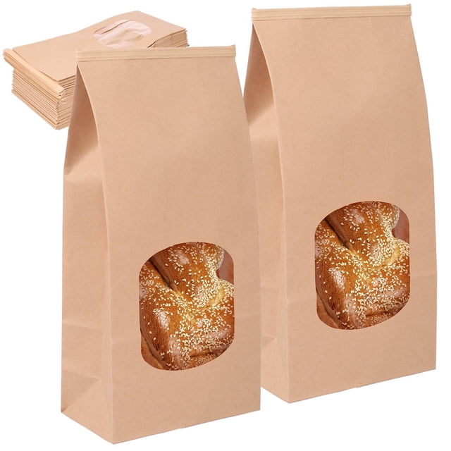 HLONK 50Pcs Bakery Bags Paper Food Packaging Clear Window Reusable Cookie Bags Multipurpose Bread Toast Bags DIY Paper Bags for Candy Bread Sandwiches Coffee Beans 4.7x2.6x9.7 inch