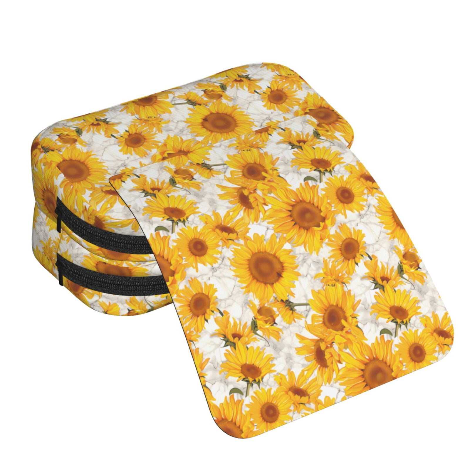 Rateoe White Marble Pattern Sunflower Pattern Double Clamshell Pen Case, Storage Organizer with Two Zipper Compartments– Holds Up to 50 Pencils & Pens