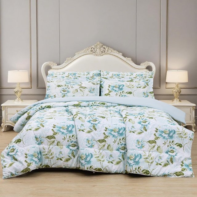 Floral Printed Queen Comforter Set with Sheets Lightweight Piece Bed in A Bag Comforter Set Vintage Yellow and Grey Flower Pattern Farmhouse Bedding Set