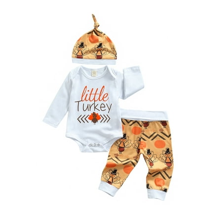 

3Pcs Cotton Girls Suit Letter Print O-Neck Long Sleeve Romper+Fashion Turkey Print Long Pants