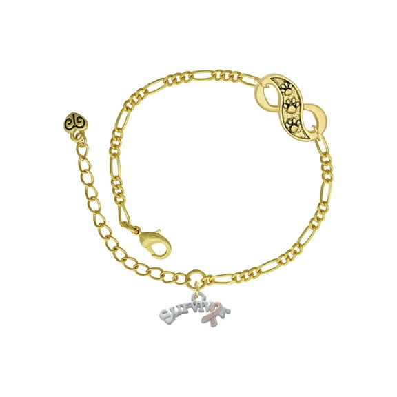 Delight Jewelry Silvertone Survivor with Pink Ribbon Gold-tone Paw Infinity Link Chain Bracelet, 6" 2" Extender