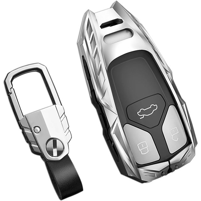 Zinc Alloy Key Fob Cover,Keychain,Full Protection Car Key Case for Audi A4 A5 A6 A7 Q5 R8 S4 S5 S6 S8 SQ5 SQ7 TT RS4 Smart Remote Keyless Keyshell Accessories,Silver Color,For Audi A