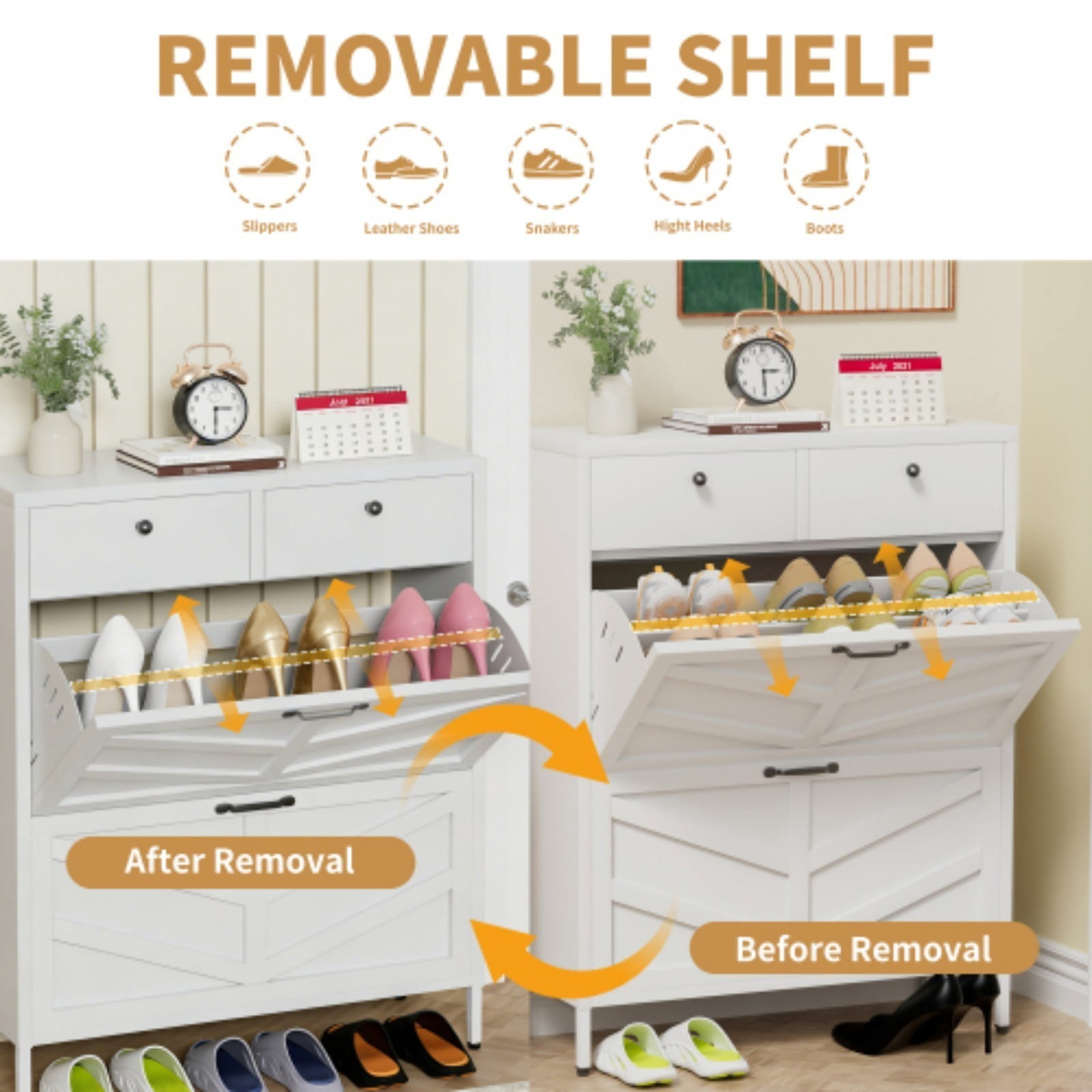 Metal Shoe Cabinet with 2 Flip Drawers & 2 Upper Drawers, Slim Entryway Storage Cabinet with Anti-Tip Device, Freestanding Hallway Shoe Organizer for Small Space, White