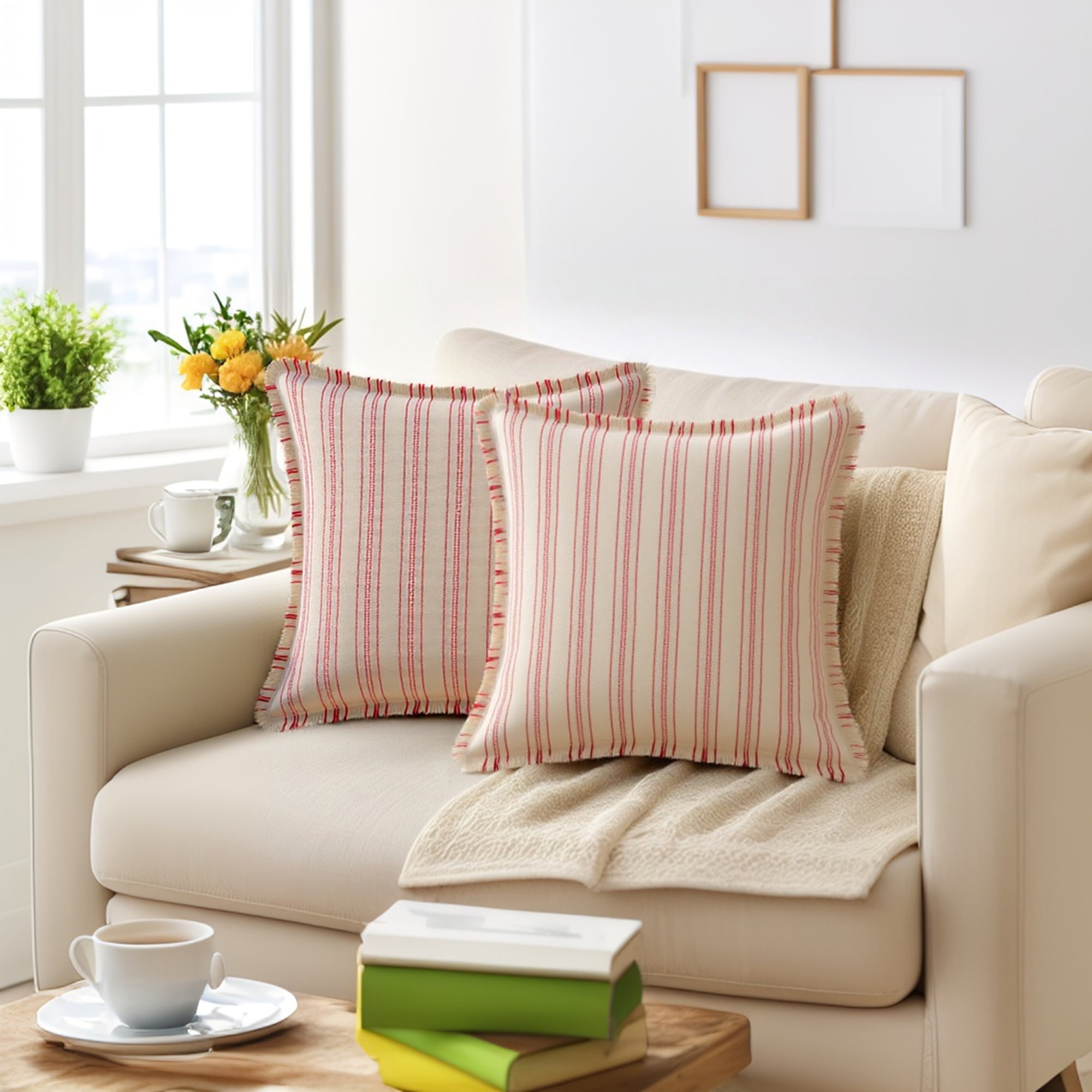 Unique Bargains Pack of 2 Striped Throw Pillow Covers with Tassel Edge Red