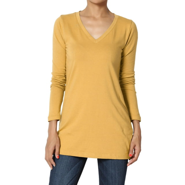 TheMogan T-Shirt à Manches Longues Col en V pour Femmes, Coton Extensible, Coupe Slim Décontractée