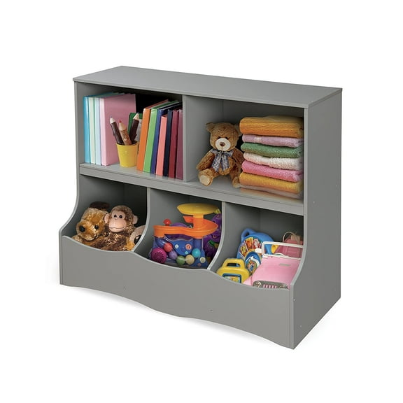 Kids Toy Storage Organizer with Bookshelf - Wood Cubby Unit with 3 Bins 2 Shelves - Space-Saving Furniture for Playroom Bedroom Nursery - (37 x 15.75 x 32 Inches) - Gray