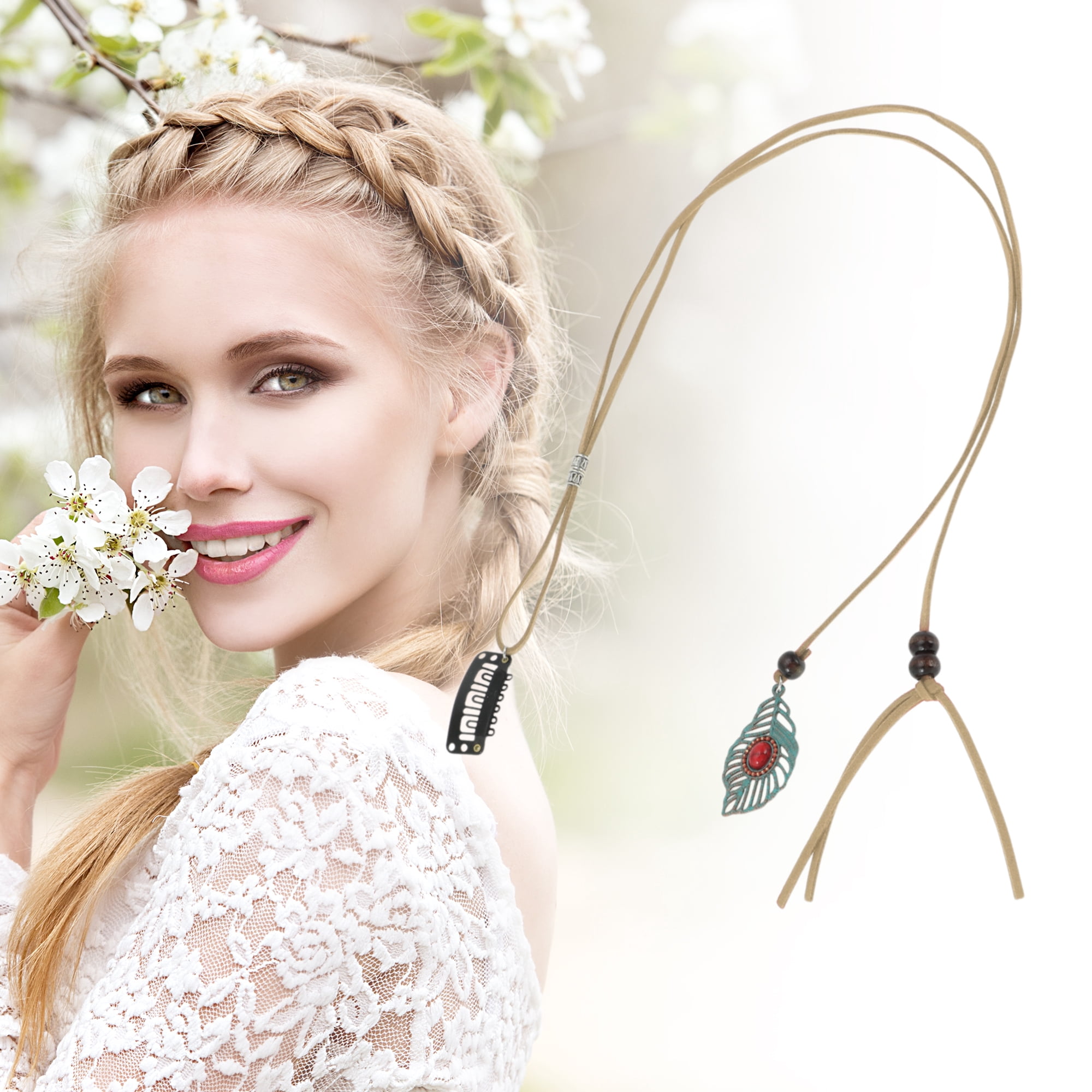 Unique Bargains Elegant Leaf Braided Hair Chain 1Pc Stylish Accessory Apricot 19.69"