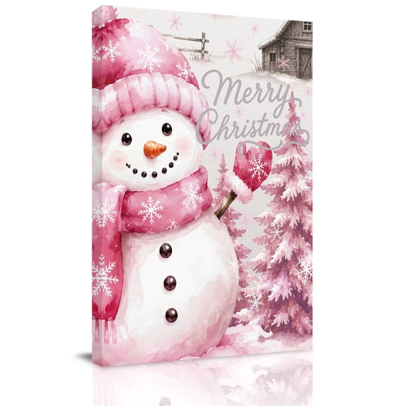 Canvas Wall Art, Christmas Pink Snowman Framed Canvas Prints for Bedroom Dining Room, Winter Snowflakes Rustic Xmas Trees Large Gallery Wrapped Wall Decor for Home Office, Gifts, 20"x24"