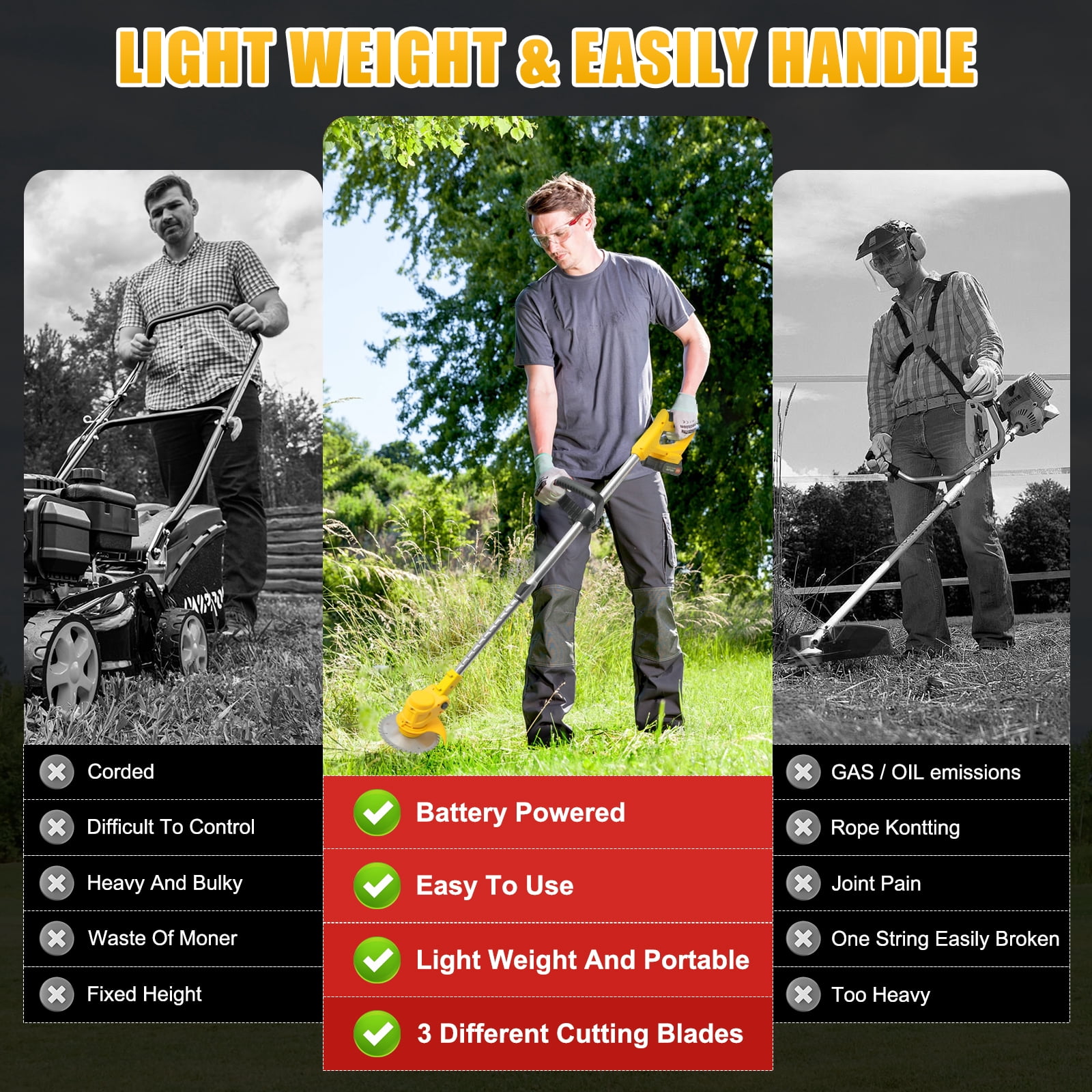 Also go 24V 3-in-1 Cordless Weed Wacker,11,000RPM, Electric String Trimmer with 2*2.0Ah Batteries,Adjustable Cutting Angle & Height for Lawn,Yellow