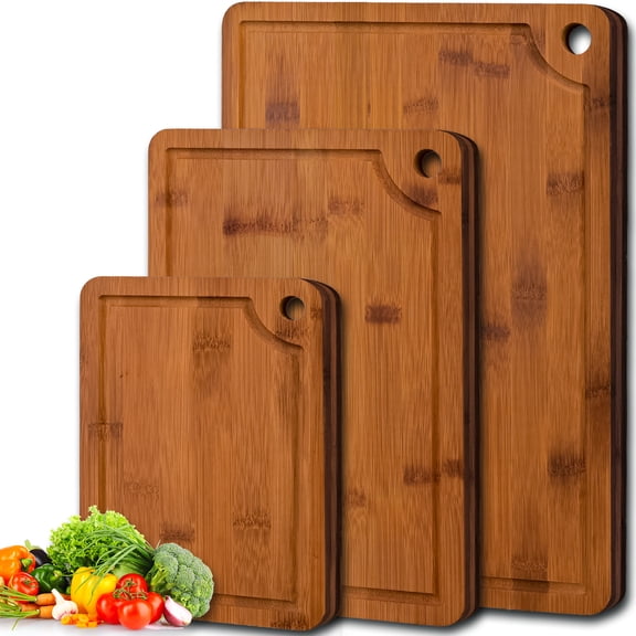 TINANA Bamboo Cutting Board Set, 3-Piece Wooden Cutting Boards with Non-Slip Mat, Deep Juice Groove & Built-In Handles for Meat, Vegetables & Fruit