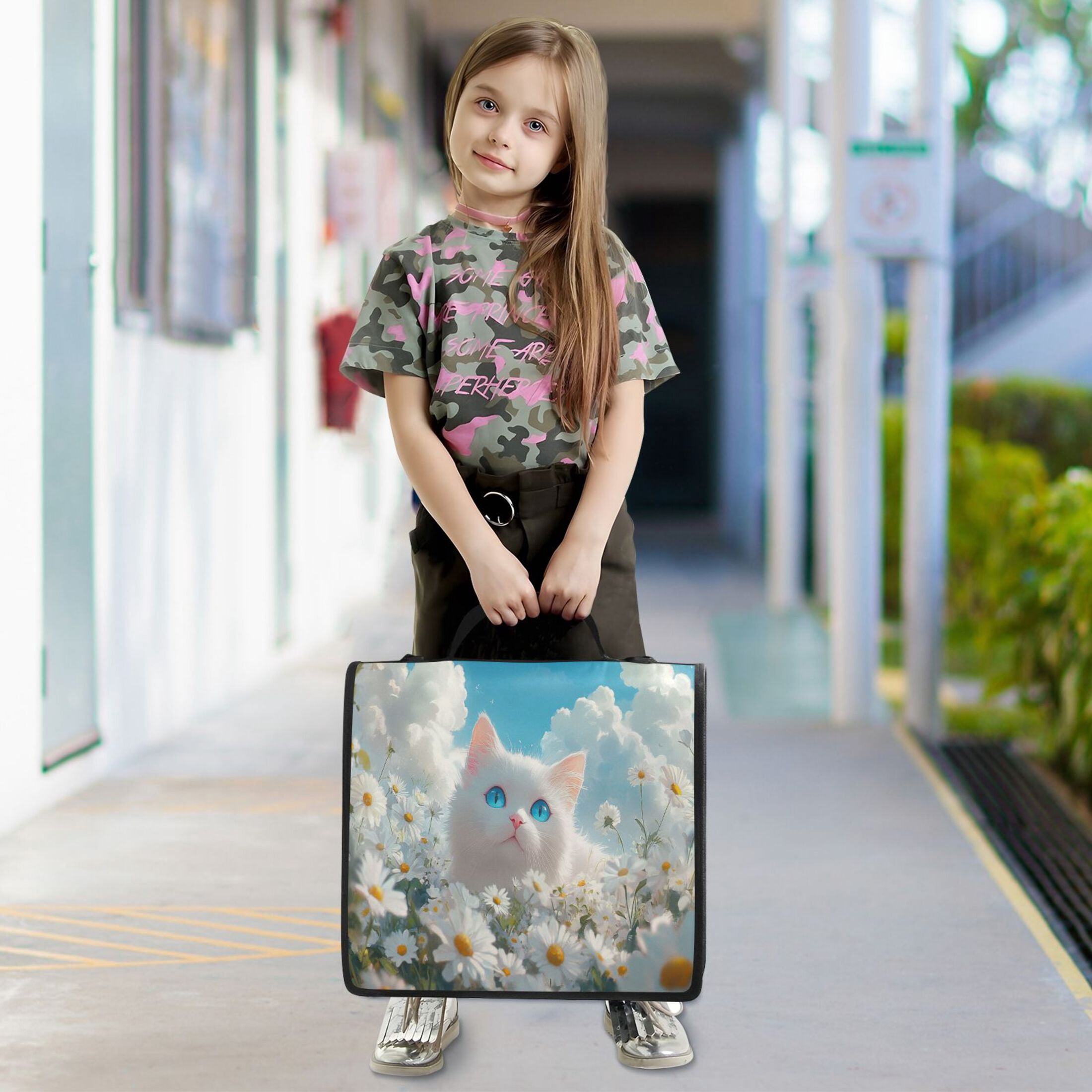 YAZAOO Zipper Binder trapper keeper Documents Organized Design White Cat in Daisies Field Printed