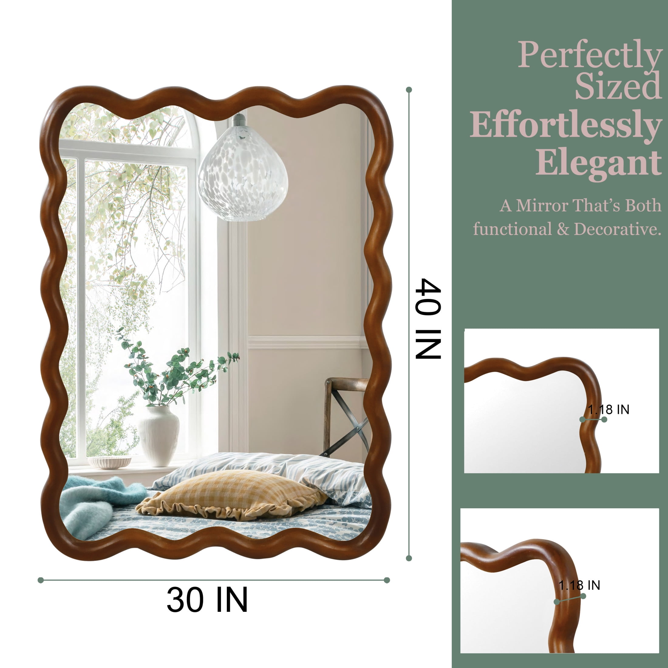 Noble House 30"x40" Wavy Rectangle Wall Mirror, Solid Wood Frame Decorative Accent Mirror for Entryway/Bathroom, Walnut