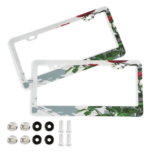 Aluminum License Plate Frame 2 Pack Car Exterior Accessory Car Tag Holder for Front Rear Plates Cars Decor Red Roses on The Wall