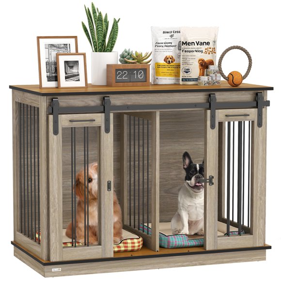 PawHut 47in Dog Crate Furniture with Divider Panel, Wooden Dog Kennel TV Stand for Large Breeds, Pet House Side Table for 2 Small Breeds with 2 Rooms Design, 2 Sliding Doors, Oak