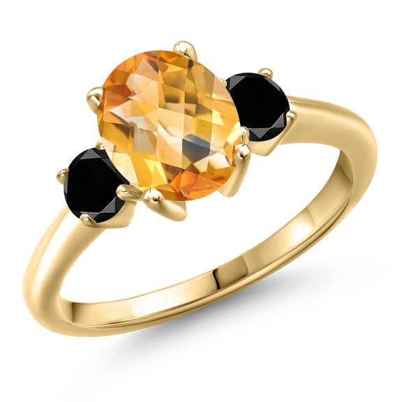 Gem Stone King 10K Yellow Gold Yellow Citrine and Black Diamond Engagement Ring for Women | 2.19 Cttw | Oval Checkerboard 9X7MM | Gemstone November Birthstone | Size 8