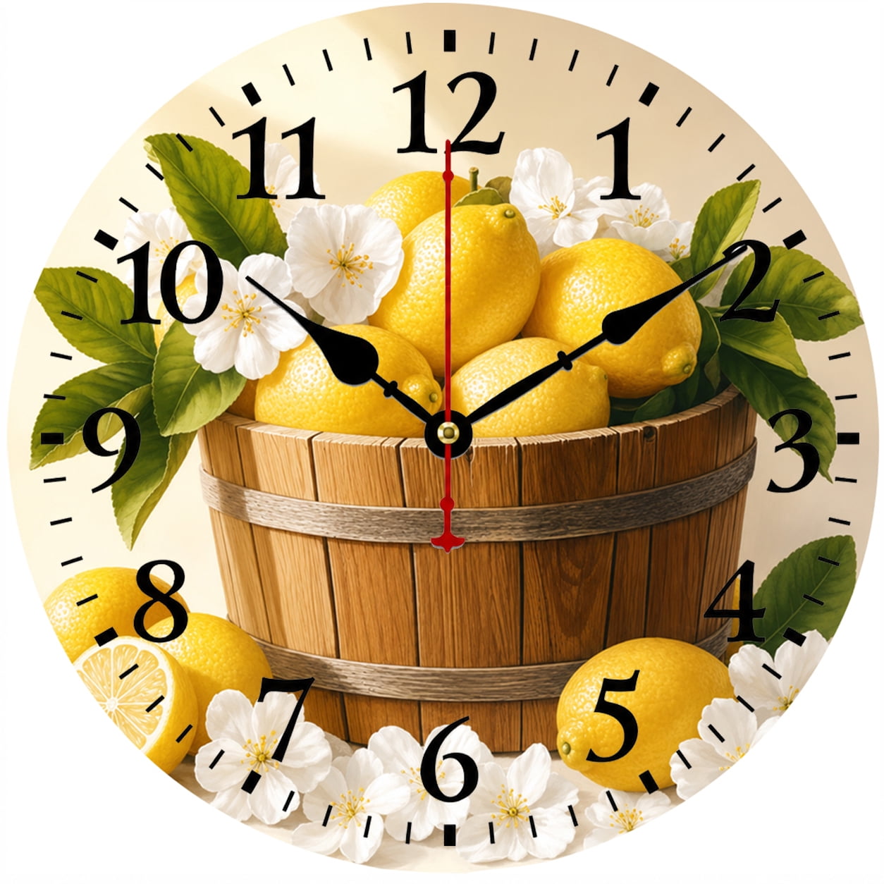 9.84 Inch Lemon Wall Clock, Farmhouse Kitchen Wall Clock with Floral Fruit Design, Round Decorative Wall Clock for Living Room Bedroom Dining Room Home Decor