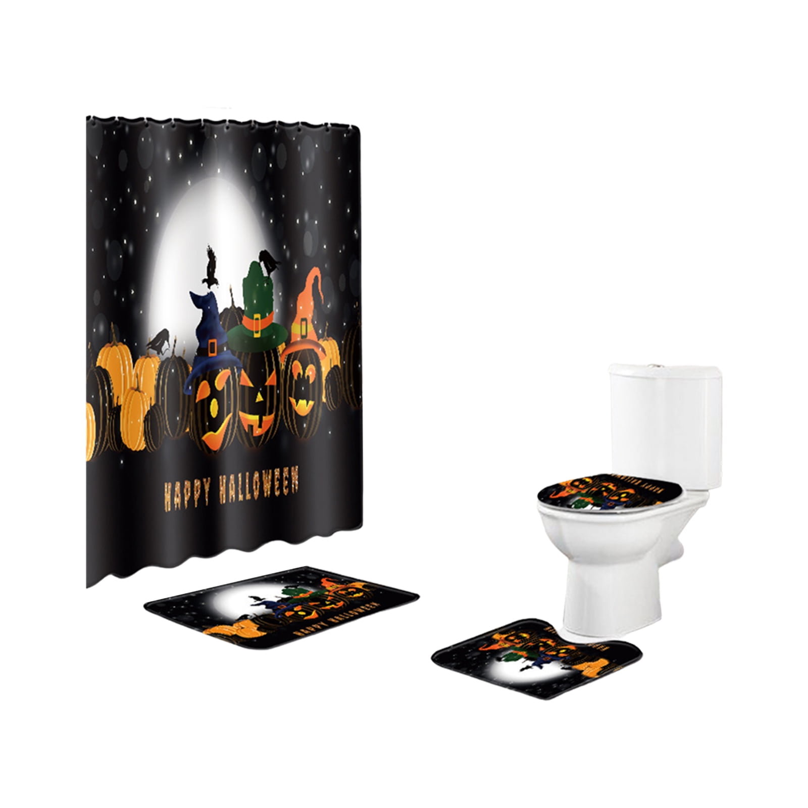 Halloween Shower Curtain Set Toilet Lid Cover Pack Of 4 Bathroom Mats ...