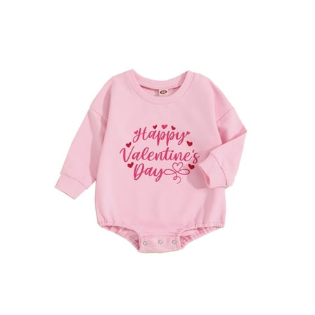 

Infant Baby Girl Pink Valentines Day Romper Long Sleeve Crewneck Letters Print Tops Casual Fall Spring Short Jumpsuit