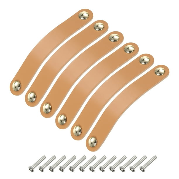 6 Paquetes de tiradores de cajón de cuero con tornillos de doble orificio, Beige/Dorado (Espaciado de orificio: 128 mm)