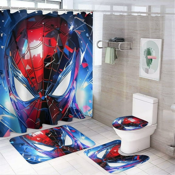 Spiderman 4PCS Shower Curtain Bathroom Set with Rugs, Toilet Lid Cover And Bath Mat, Shower Curtain with 12 Hooks, Durable Bathroom Decor Set