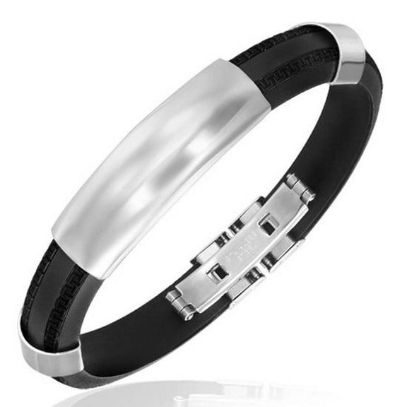 Stainless Steel Black Rubber Silicone Silver-Tone Greek Key Men's Bracelet with Clasp