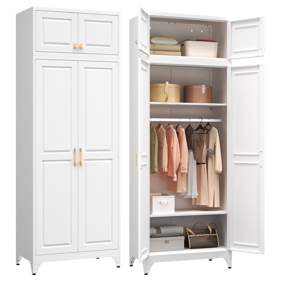 Polup 86" H Modern Steel Sturdy Armoire Cabinet with Shelves and Hanging Rod, Bedroom Wardrobe Closet with Doors White