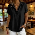 thumbnail image 2 of Linen Tops for Women Summer Gauze Shirts Button Down Short Sleeve V Neck Blouses Dressy Casual Tunic Clothes Black L, 2 of 8