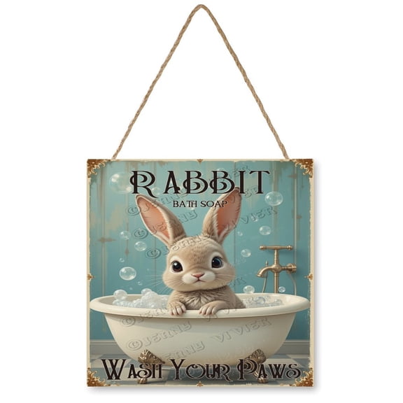 Cute Rabbit Is In The Bath Tub Easter Door Sign Decor Spring Rabbit Bunny Door Decoration Hanger Wood Hanging Wall for Home Decoration 12"x12"