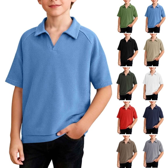 AJTQTH Waffle Knit T-Shirts for Kids Boys Lightweight Casual Summer Short Sleeve V Neck Basic Solid Color Athetic Tees School Fashion Collared Henley Tshirt Tops Green 5-6 Years