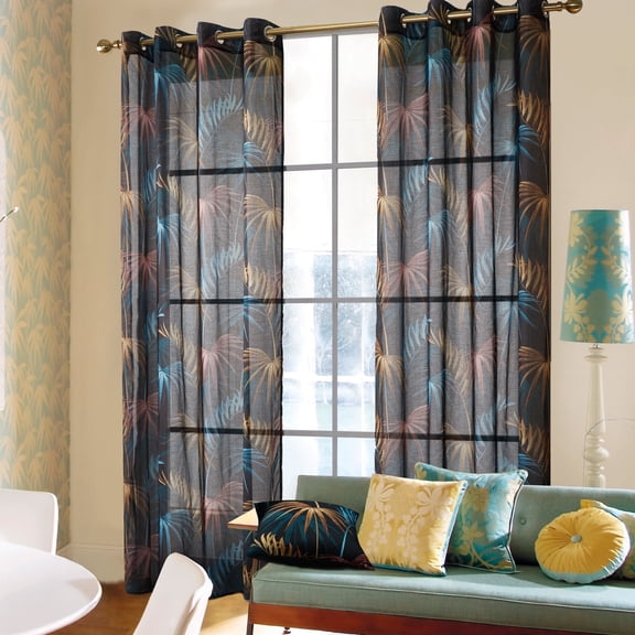 Deconovo Sheer Curtains for Living Room Bedroom, Tropical Leaves Print Light Filtering Voile Window Panels with Grommets, Sheer Black, 52 x 84 Inch, 2 Panels