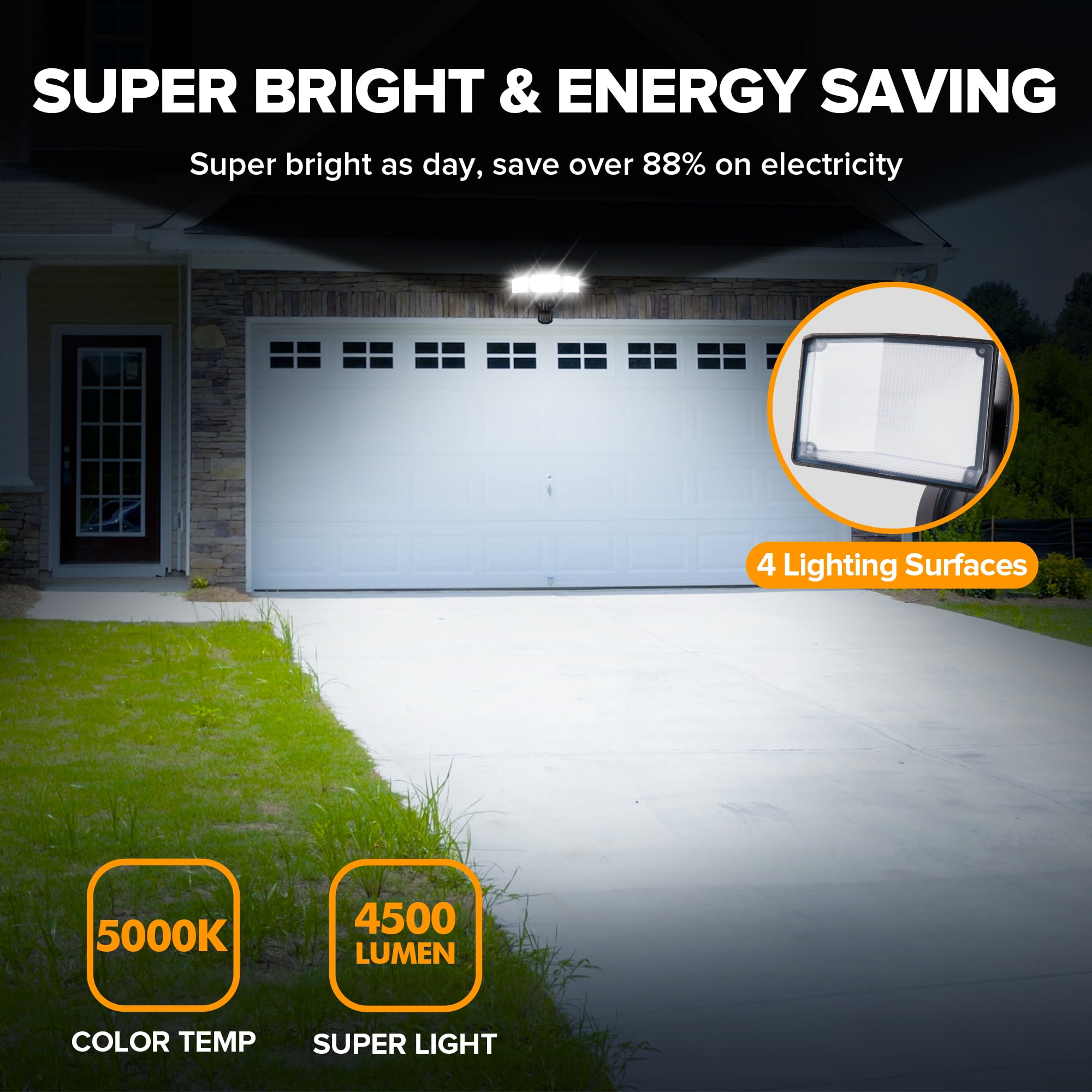 UME 4500LM LED Security Lights Motion Sensor Light Outdoor, 5000K Daylight, IP65 Waterproof, Dusk to Dawn, 3 Head Motion Detected Flood Light for Garage, Yard, Porch (Black)
