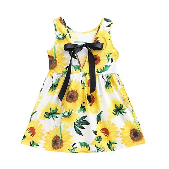 Summer Kids Baby Girls Sleeveless Bowknot Sunflower Pincess Dresses Sun Dress